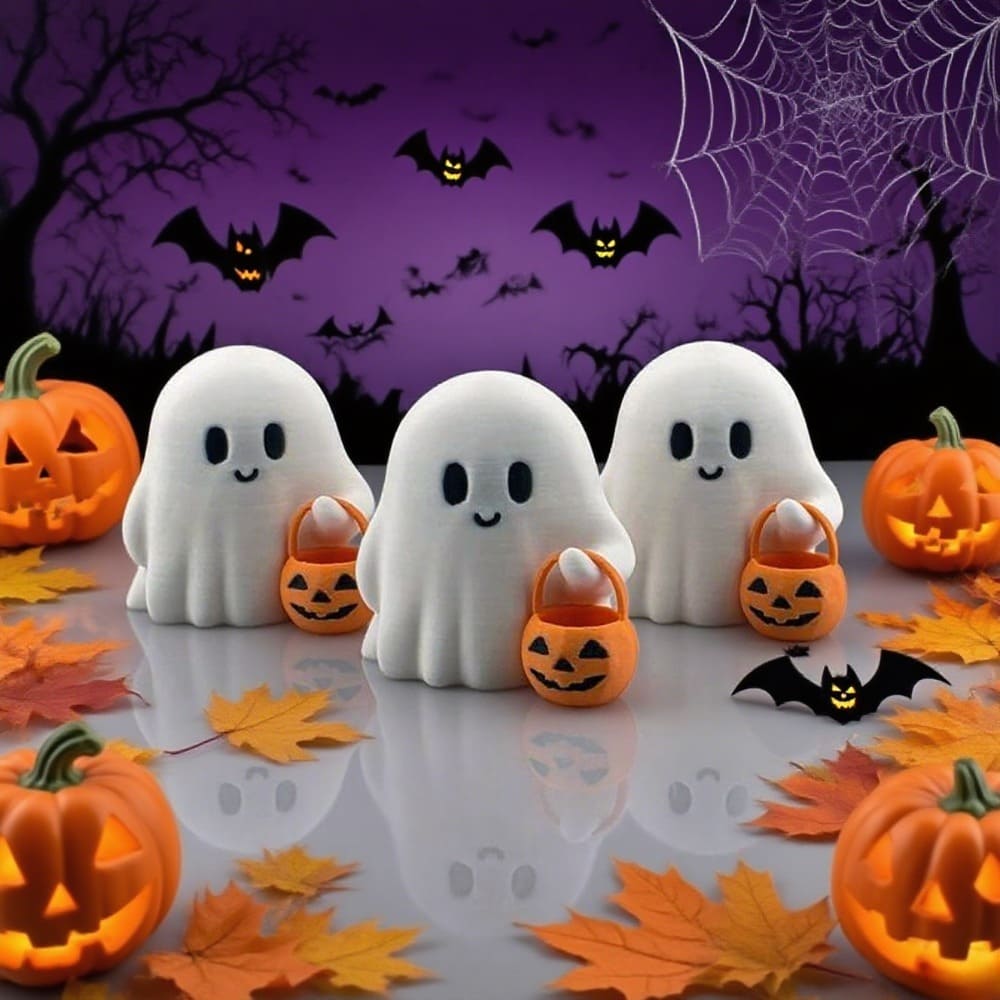 3D-Printed Halloween Little Ghost with Pumpkin Ornament - Cute White Plastic Figurine, No Electricity Needed, Perfect for Home, Office, or Party Decor, Festive Holiday Gift, Halloween Decorations Tudoushop