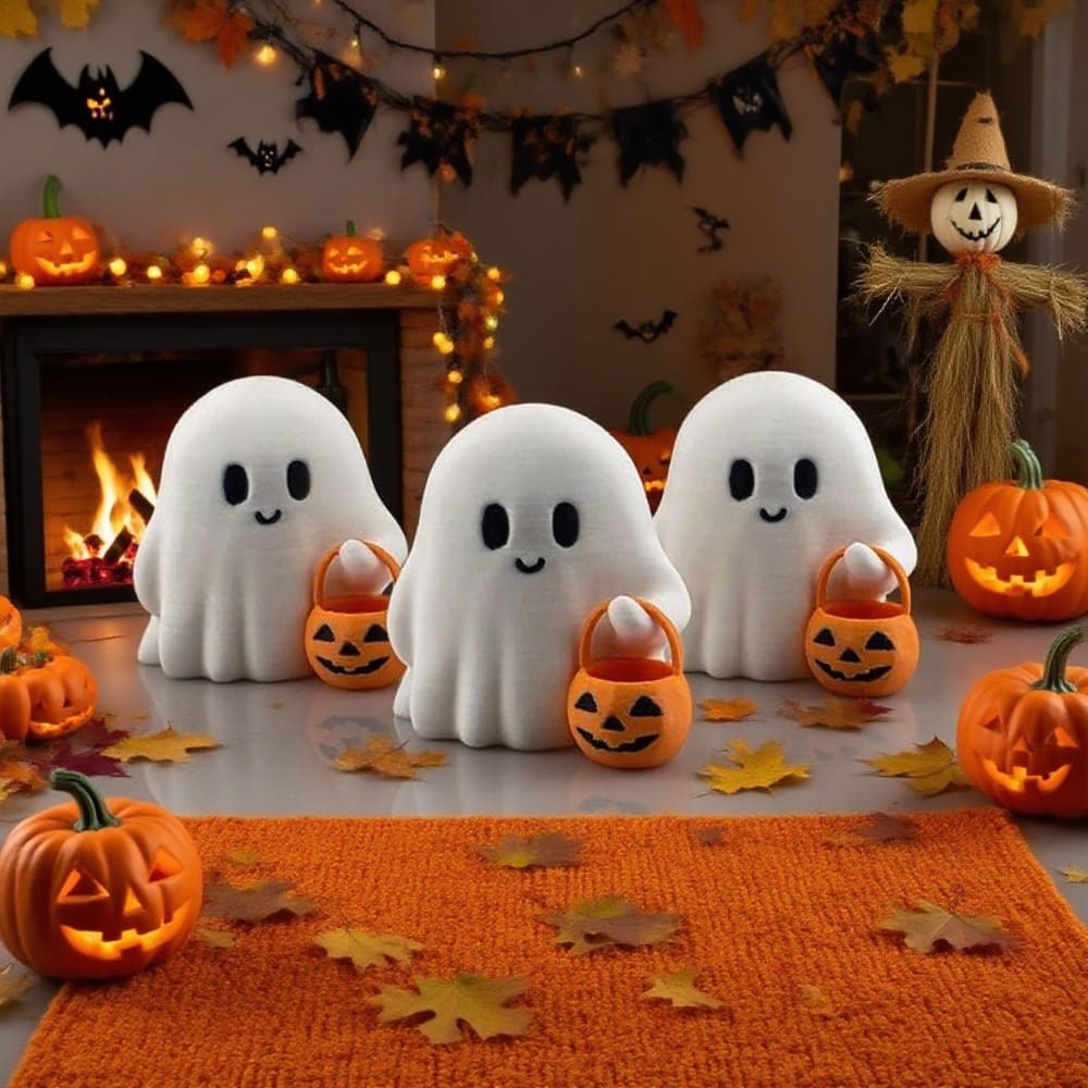 3D-Printed Halloween Little Ghost with Pumpkin Ornament - Cute White Plastic Figurine, No Electricity Needed, Perfect for Home, Office, or Party Decor, Festive Holiday Gift, Halloween Decorations Tudoushop