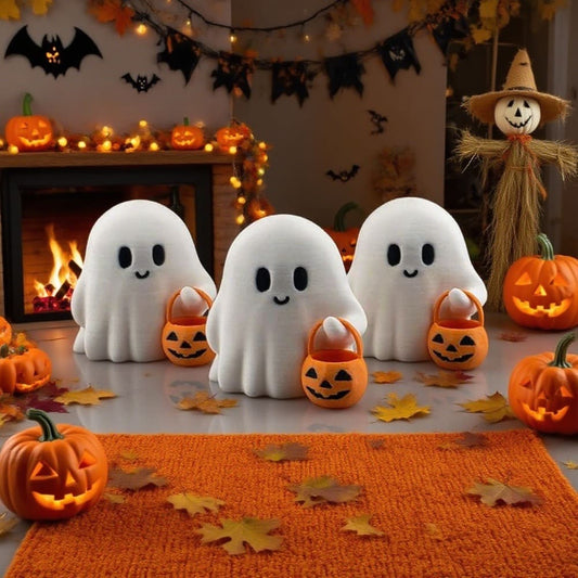 3D-Printed Halloween Little Ghost with Pumpkin Ornament - Cute White Plastic Figurine, No Electricity Needed, Perfect for Home, Office, or Party Decor, Festive Holiday Gift, Halloween Decorations Tudoushop