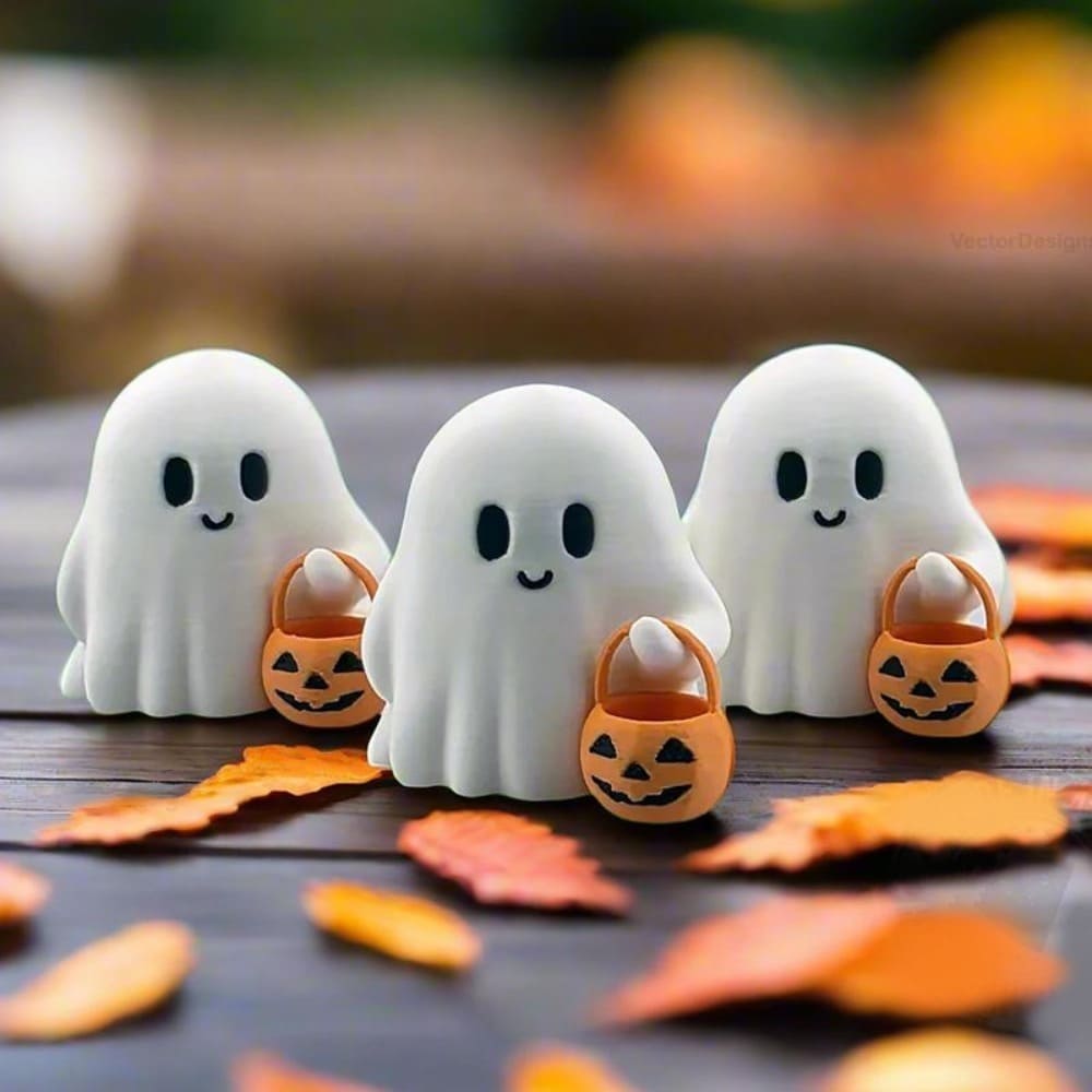 3D-Printed Halloween Little Ghost with Pumpkin Ornament - Cute White Plastic Figurine, No Electricity Needed, Perfect for Home, Office, or Party Decor, Festive Holiday Gift, Halloween Decorations Tudoushop