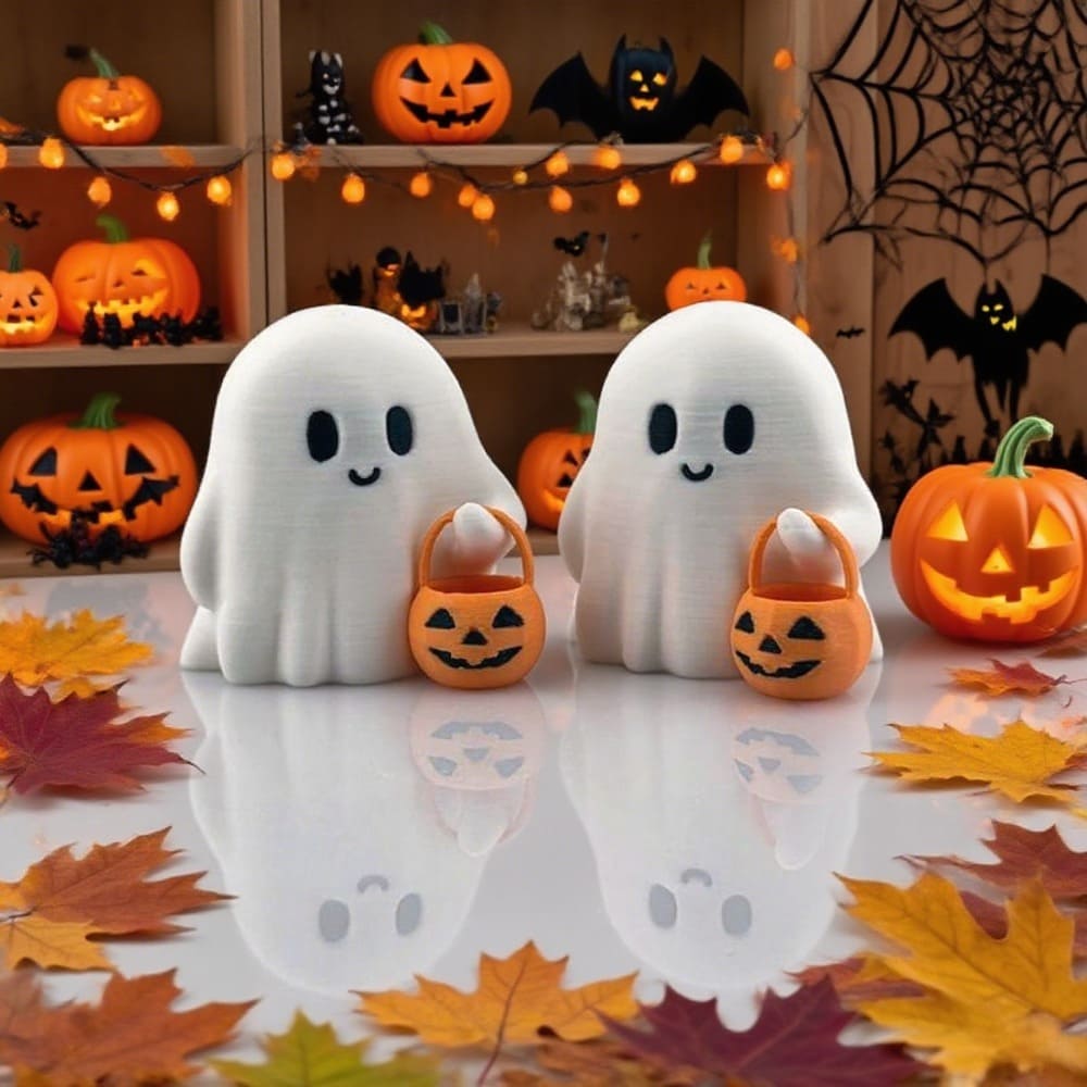 3D-Printed Halloween Little Ghost with Pumpkin Ornament - Cute White Plastic Figurine, No Electricity Needed, Perfect for Home, Office, or Party Decor, Festive Holiday Gift, Halloween Decorations Tudoushop